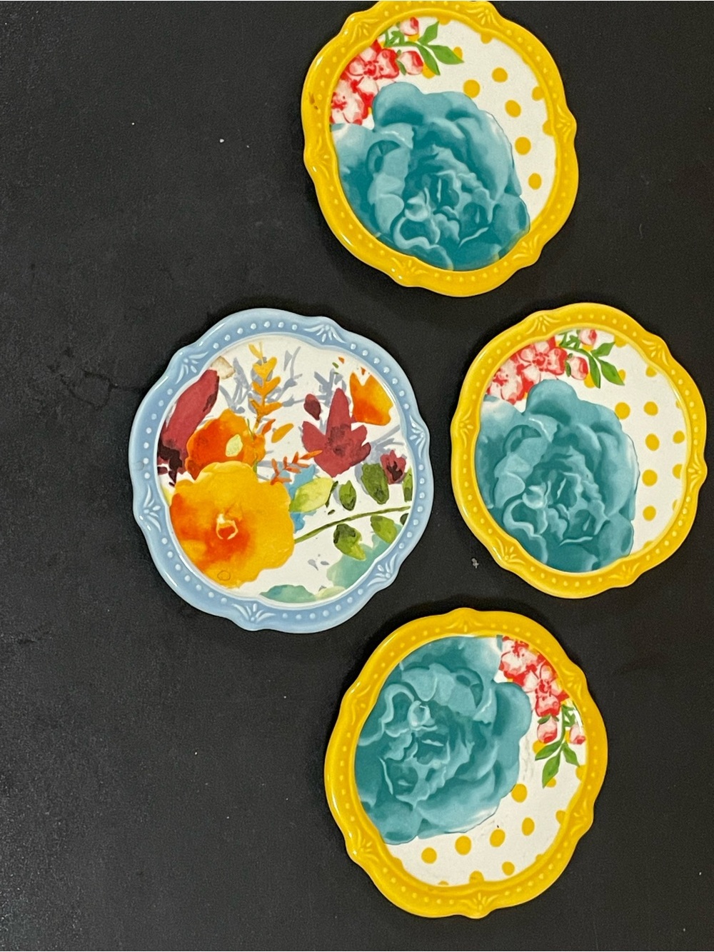 The Pioneer Woman Floral Ceramic Coasters in Yellow, Teal, Blue